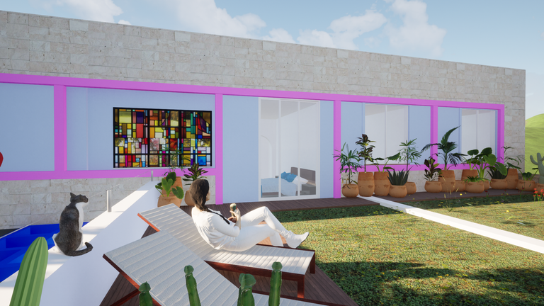 Rendering da fachada interna com painel de vitral colorido sobre a piscina, gato e moradores ao sol.