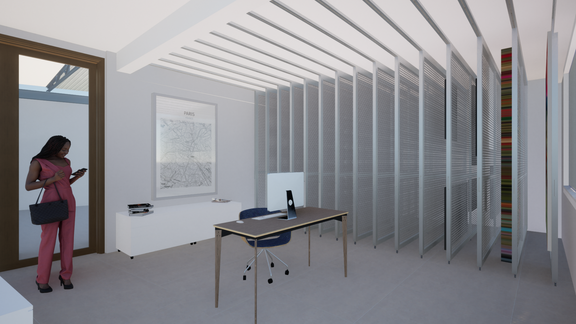 Rendering do acervo técnico para guarda das telas, com painéis deslizantes e uma figura humana para escala.