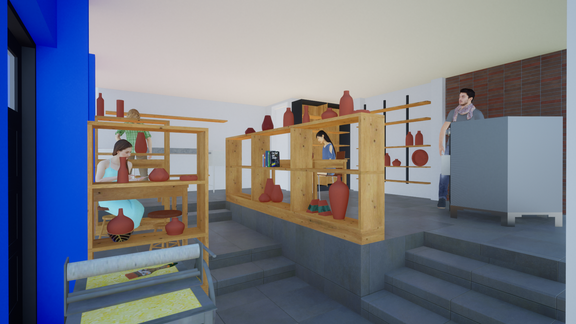 Rendering do ateliê de cerâmica, com prateleiras de madeira sobre fundo azul cobalto e peças em produção.