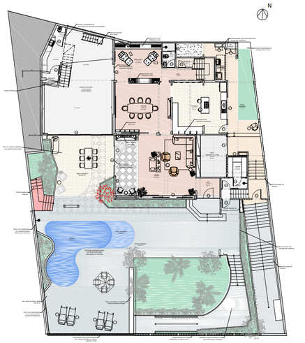Planta baixa colorida do pavimento social da Casa Cantuária, com a piscina ao sul e os jardins ao redor.