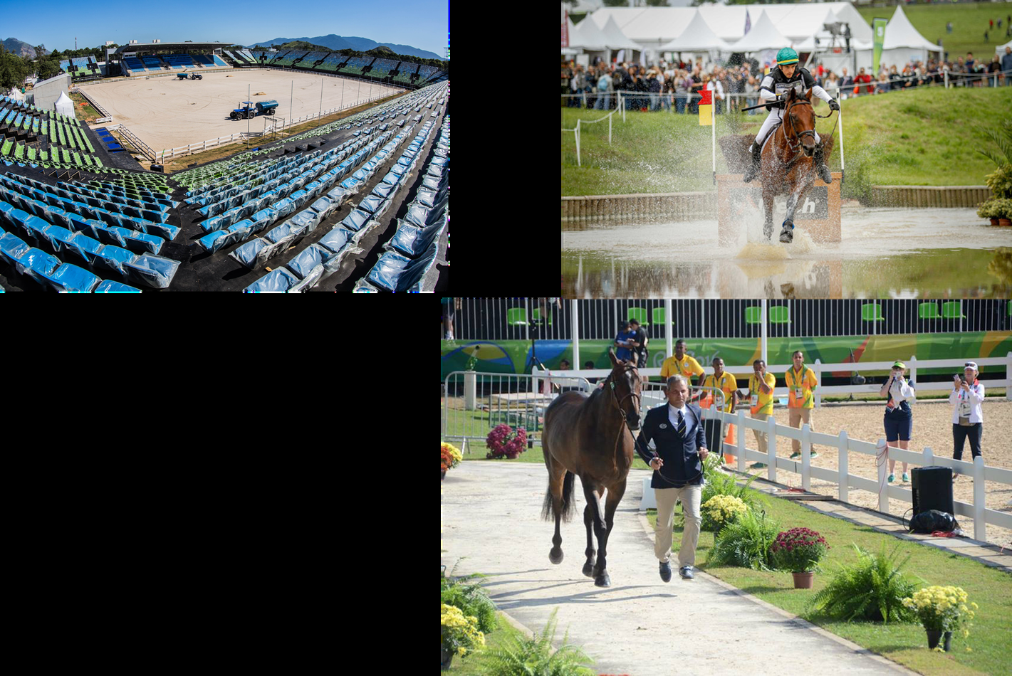 Composição em três imagens: arquibancada vazia, cavalo cruzando o water-jump na prova e desfile de medalhas dos competidores.
