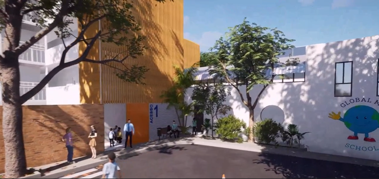 Rendering da fachada de entrada da escola, com fachada amarela canelada, vegetação e crianças circulando.