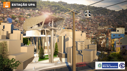 Rendering da estação UPA do funicular, com estrutura metálica em arco emergindo entre as casas da Rocinha.