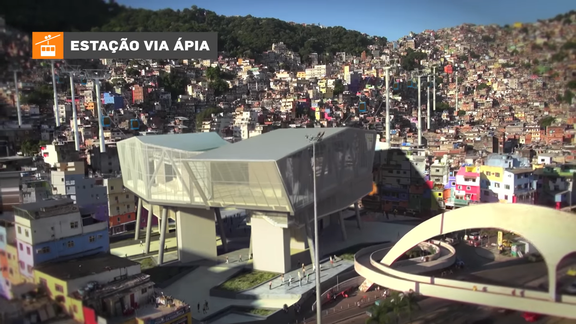 Rendering da Estação Via Ápia do teleférico, com cobertura ondulada inserida na malha urbana da Rocinha.