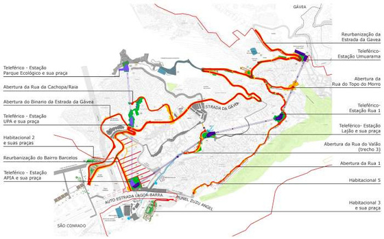 Mapa de urbanização da Rocinha mostrando traçados de teleférico, estações, conjuntos habitacionais e nova malha viária sobre a topografia do morro.