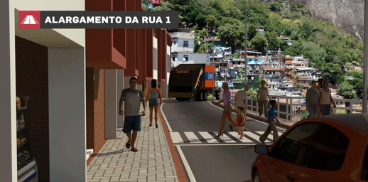 Rendering do alargamento da Rua 1 da Rocinha, com calçada nova, faixas de pedestre e moradores caminhando entre carros e ônibus.